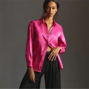 Anthropolgie Womens Small Pink Button Down Blouse Shirt Maximalist Office Silk